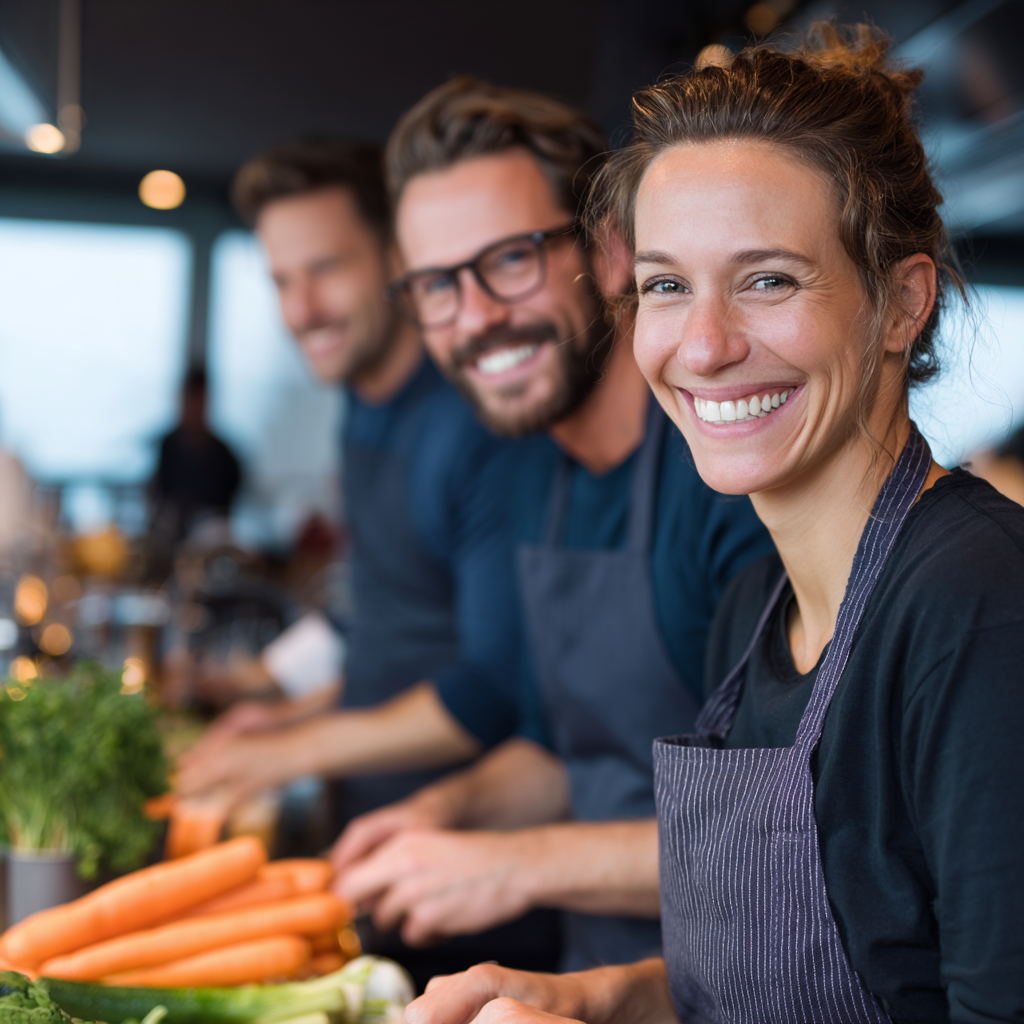 Happy European woman in her 30s with a bright smile, holding a plate of colorful healthy food, wearing casual athletic wear, natural lighting, realistic style