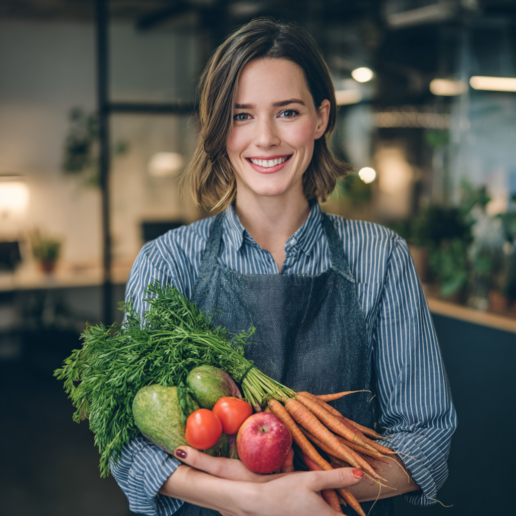 Happy European woman in her 40s smiling while chopping fresh vegetables in a bright modern kitchen, wearing casual clothes, natural lighting, realistic style